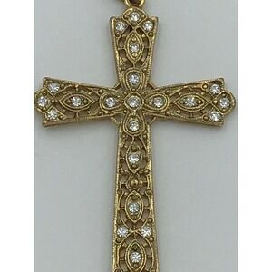 Vintage 1928 Brand Gold Tone Filigree Cross Pendant Rhinestone Religious Large